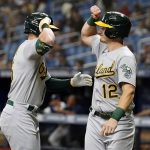 
              Oakland Athletics' Seth Brown celebrates with Sean Murphy (12) after Brown hit a three-run home run off Tampa Bay Rays relief pitcher Chris Mazza during the first inning of a baseball game Monday, April 11, 2022, in St. Petersburg, Fla. (AP Photo/Chris O'Meara)
            