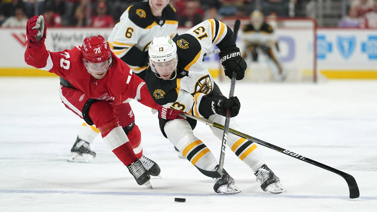 Detroit Red Wings center Oskar Sundqvist (70) reaches in with his stick against Boston Bruins cente...