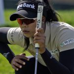 
              Patty Tavatanakit of Thailand measures her putt on the eighth hole during the third round of the LPGA Chevron Championship golf tournament Saturday, April 2, 2022, in Rancho Mirage, Calif. (AP Photo/Marcio Jose Sanchez)
            