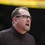 
              Toronto Raptors head coach Nick Nurse reacts towards the game officials during the second half of an NBA basketball game against the Atlanta Hawks in Toronto on Tuesday, April 5, 2022. (Nathan Denette/The Canadian Press via AP)
            