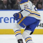
              Buffalo Sabres defenseman Owen Power skates during the first period of the team's NHL hockey game against the Toronto Maple Leafs on Tuesday, April 12, 2022, in Toronto. (Nathan Denette/The Canadian Press via AP)
            