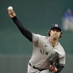 
              New York Yankees starting pitcher Gerrit Cole throws during the first inning of a baseball game against the Kansas City Royals Saturday, April 30, 2022, in Kansas City, Mo. (AP Photo/Charlie Riedel)
            