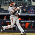 
              Baltimore Orioles' Austin Hays breaks his bat during the eighth inning of a baseball game against the New York Yankees Wednesday, April 27, 2022, in New York. Hays was thrown out at first base on the play. (AP Photo/Frank Franklin II)
            