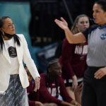 
              South Carolina head coach Dawn Staley reacts during the first half of a college basketball game in the semifinal round of the Women's Final Four NCAA tournament Friday, April 1, 2022, in Minneapolis. (AP Photo/Charlie Neibergall)
            
