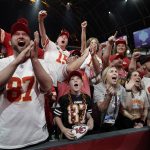 
              Kansas City Chiefs fans cheer during the third round of the NFL football draft Friday, April 29, 2022, in Las Vegas. (AP Photo/Jae C. Hong)
            