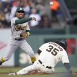 
              Oakland Athletics second baseman Tony Kemp, top, throws to first base after forcing San Francisco Giants' Brandon Crawford (35) out at second base on a double play hit into by Darin Ruf during the second inning of a baseball game in San Francisco, Wednesday, April 27, 2022. (AP Photo/Jeff Chiu)
            
