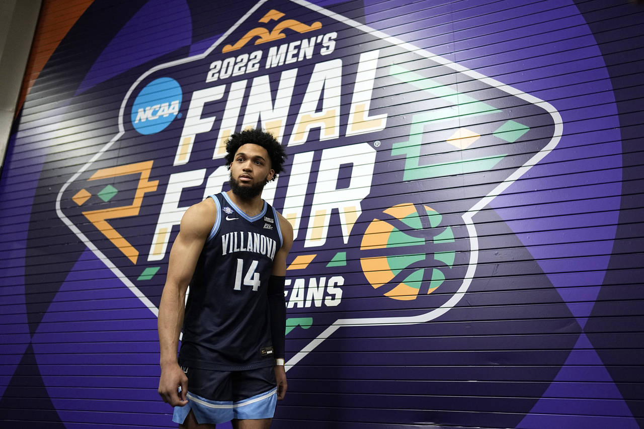 Villanova's Caleb Daniels (14) walks down the hallway at the men's Final Four NCAA college basketba...
