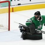 
              Dallas Stars goaltender Scott Wedgewood (41) is unable to stop a shot from Minnesota Wild forward Frederick Gaudreau in overtime of an NHL hockey game, Thursday, April 14, 2022, in Dallas. (AP Photo/Brandon Wade)
            