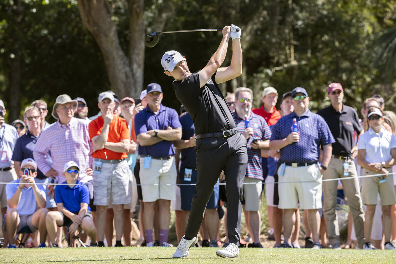 Patrick Cantlay watches his drive off the ninth tee during the second round of the RBC Heritage gol...