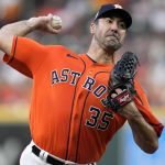 
              Houston Astros starting pitcher Justin Verlander delivers during the first inning of the team's baseball game against the Toronto Blue Jays, Friday, April 22, 2022, in Houston. (AP Photo/Eric Christian Smith)
            