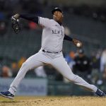 
              New York Yankees relief pitcher Aroldis Chapman throws against the Detroit Tigers in the ninth inning of a baseball game in Detroit, Wednesday, April 20, 2022. (AP Photo/Paul Sancya)
            