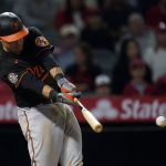
              Baltimore Orioles' Ryan Mountcastle hits a two-run single during the seventh inning of the team's baseball game against the Los Angeles Angels on Saturday, April 23, 2022, in Anaheim, Calif. (AP Photo/Marcio Jose Sanchez)
            