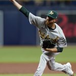
              Oakland Athletics' Paul Blackburn pitches to the Tampa Bay Rays during the second inning of a baseball game Monday, April 11, 2022, in St. Petersburg, Fla. (AP Photo/Chris O'Meara)
            