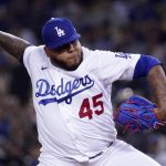 
              Los Angeles Dodgers relief pitcher Reyes Moronta throws to the plate during the ninth inning of a baseball game against the Detroit Tigers Friday, April 29, 2022, in Los Angeles. (AP Photo/Mark J. Terrill)
            