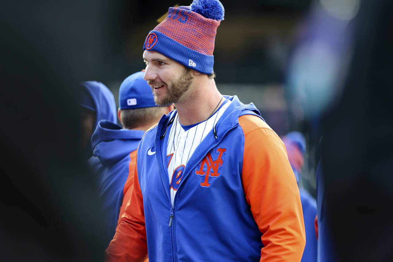 New York Mets designated hitter Pete Alonso smiles after a win against the Arizona Diamondbacks in ...