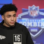 
              FILE - USC wide receiver Drake London speaks during a press conference at the NFL football scouting combine, Wednesday, March 2, 2022, in Indianapolis. London is a possible first round pick in the NFL Draft. (AP Photo/Darron Cummings)
            