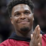 
              Miami Heat guard Kyle Lowry acknowledges the crowd before the team's NBA basketball game against the Toronto Raptors on Sunday, April 3, 2022, in Toronto. (Nathan Denette/The Canadian Press via AP)
            