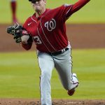 
              Washington Nationals starting pitch Josh Rogers works in the first inning of a baseball game against the Atlanta Braves Monday, April 11, 2022, in Atlanta. (AP Photo/John Bazemore)
            