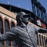 
              A statue of the late New York Mets player Tom Seaver is revealed outside CitiField before a baseball game between the New York Mets and the Arizona Diamondbacks, Friday, April 15, 2022, in New York. (AP Photo/John Minchillo)
            