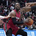 
              Miami Heat center Bam Adebayo looks to pass against the Chicago Bulls during the first half of an NBA basketball game in Chicago, Saturday, April 2, 2022. (AP Photo/Nam Y. Huh)
            