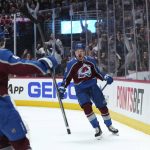 
              Colorado Avalanche right wing Valeri Nichushkin (13) celebrates a goal against the Washington Capitals during the first period of an NHL hockey game Monday, April 18, 2022, in Denver. (AP Photo/Jack Dempsey)
            