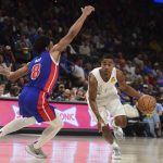 
              Oklahoma City Thunder guard Theo Maledon, right, pushes past Detroit Pistons guard Braxton Key, left, in the second half of an NBA basketball game, Friday, April 1, 2022, in Oklahoma City. (AP Photo/Kyle Phillips)
            