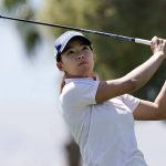 
              Hinako Shibuno hits from the 17th tee during the second round of the LPGA Chevron Championship golf tournament Friday, April 1, 2022, in Rancho Mirage, Calif. (AP Photo/Marcio Jose Sanchez)
            