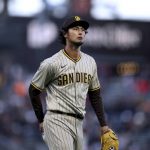 
              San Diego Padres' Yu Darvish walks off the mound during the first inning of the team's baseball game against the San Francisco Giants in San Francisco, Tuesday, April 12, 2022. (AP Photo/Jed Jacobsohn)
            