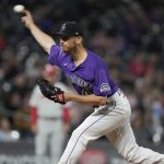 
              Colorado Rockies starting pitcher Chad Kuhl works against the Philadelphia Phillies in the fifth inning of a baseball game Monday, April 18, 2022, in Denver. (AP Photo/David Zalubowski)
            