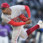 
              Cincinnati Reds starting pitcher Hunter Greene works against the Colorado Rockies during the first inning of a baseball game Friday, April 29, 2022, in Denver. (AP Photo/David Zalubowski)
            