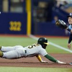 
              Oakland Athletics' Tony Kemp (5) dives back safely to first ahead of the throw to Tampa Bay Rays first baseman Ji-Man Choi on a pick off attempt during the first inning of a baseball game Tuesday, April 12, 2022, in St. Petersburg, Fla. (AP Photo/Chris O'Meara)
            