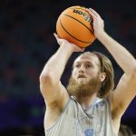 
              North Carolina forward Brady Manek shoots during practice for the men's Final Four NCAA college basketball tournament, Friday, April 1, 2022, in New Orleans. (AP Photo/David J. Phillip)
            