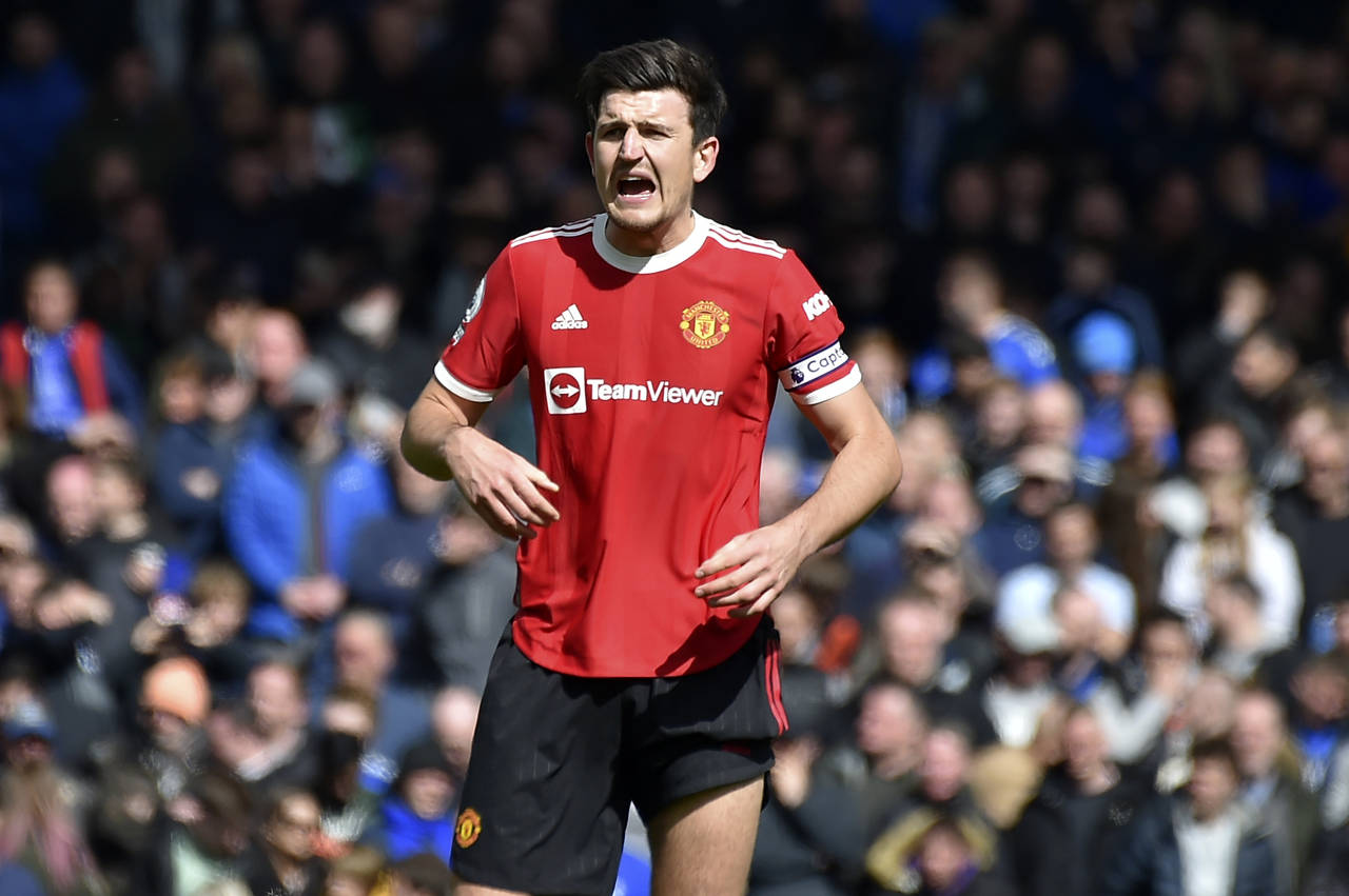 Manchester United's Harry Maguire shouts during the Premier League soccer match between Everton and...