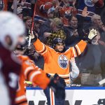 
              Edmonton Oilers' Evander Kane (91) celebrates a goal against the Colorado Avalanche during the second period of an NHL hockey game in Edmonton, Alberta, Friday, April 22, 2022. (Jason Franson/The Canadian Press via AP)
            