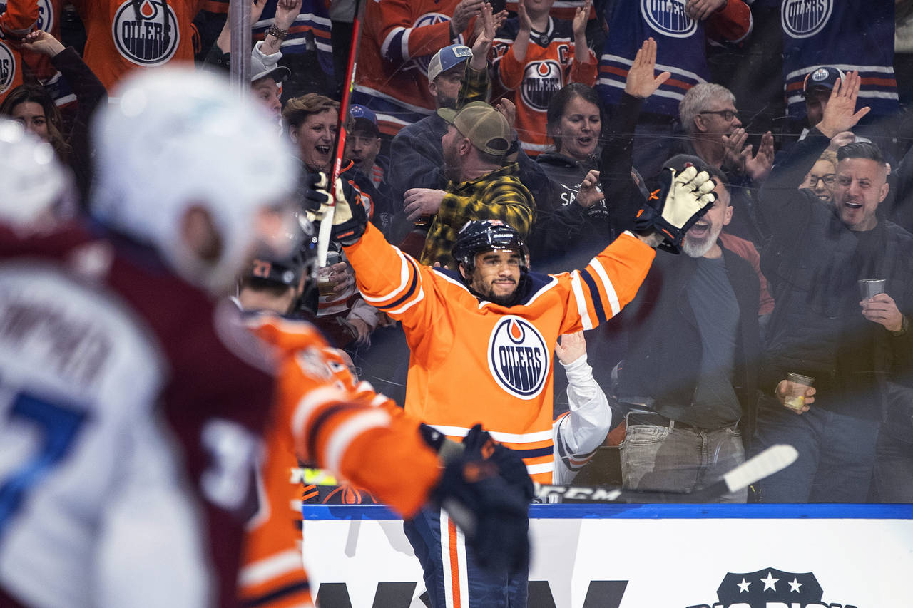 Edmonton Oilers' Evander Kane (91) celebrates a goal against the Colorado Avalanche during the seco...