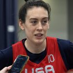 
              FILE - Team USA basketball player Breanna Stewart talks to the media following a spring training practice session, Friday, April 1, 2022, in Minneapolis. For the elite athletes in the WNBA, spending the offseason by playing in Russia can mean earning more money than they can make back home — sometimes even two or three times as much. “My experience in Russia has been amazing, to be honest,” said Breanna Stewart, who has played for Ekaterinburg since 2020. (AP Photo/Eric Gay, File)
            