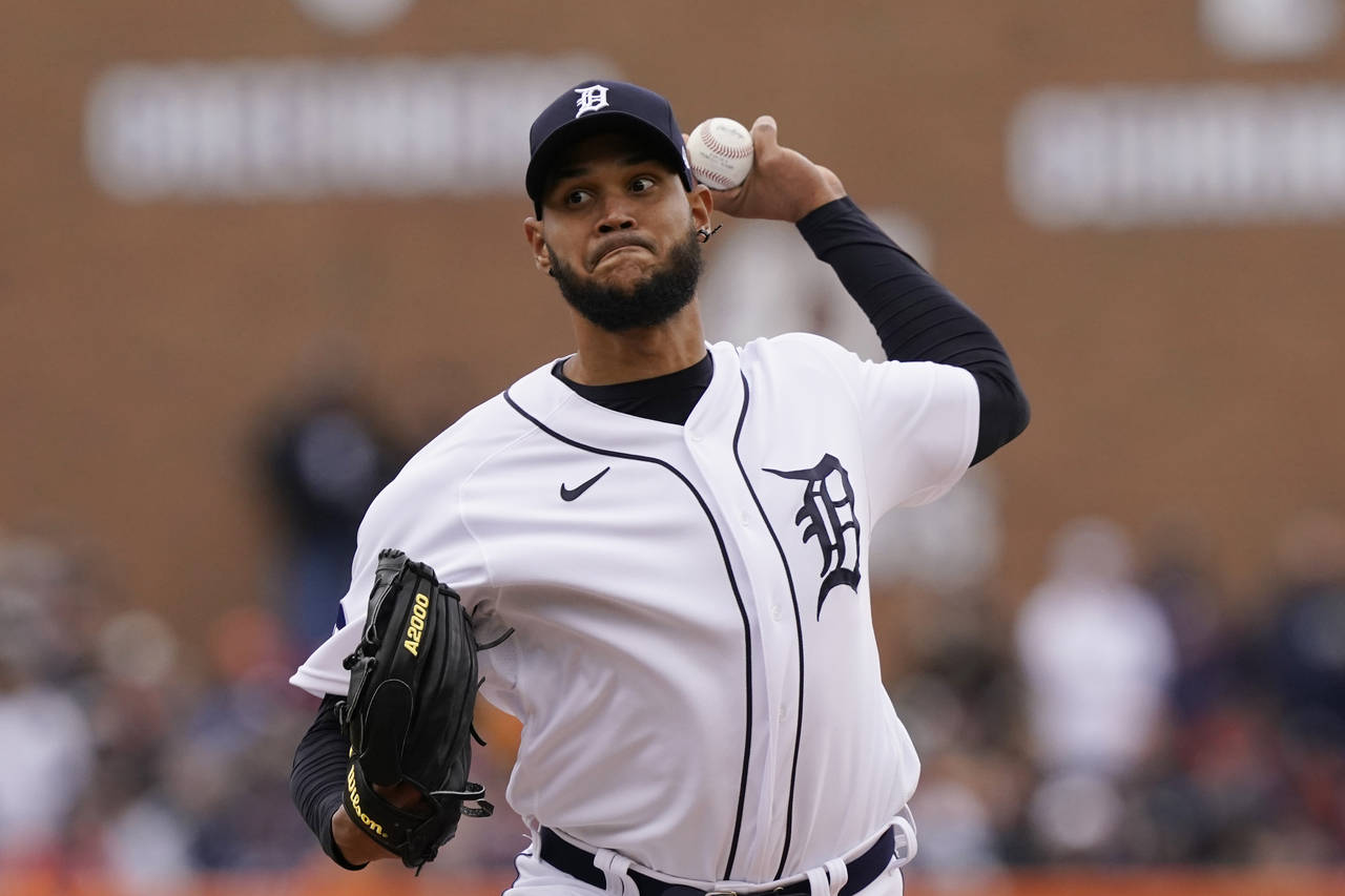Detroit Tigers starting pitcher Eduardo Rodriguez throws during the first inning of a baseball game...