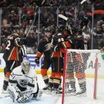 
              The Anaheim Ducks celebrate a goal by Adam Henrique during the second period of an NHL hockey game against the Los Angeles Kings on Tuesday, April 19, 2022, in Anaheim, Calif. (AP Photo/Marcio Jose Sanchez)
            