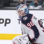 
              Columbus Blue Jackets goaltender Elvis Merzlikins (90) ca not make the stop on a goal by San Jose Sharks center Scott Reedy during the first period in an NHL hockey game Tuesday, April 19, 2022, in San Jose, Calif. (AP Photo/Tony Avelar)
            