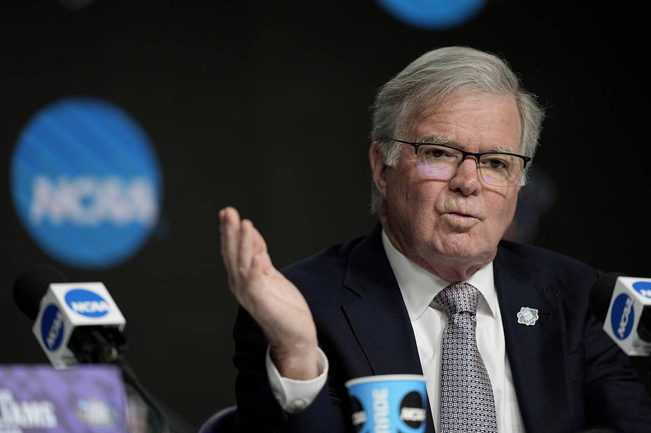 NCAA president Mark Emmert answers a question during a news conference at the men's Final Four NCAA...