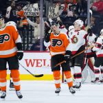 
              Ottawa Senators' Brady Tkachuk celebrates after an NHL hockey game against the Philadelphia Flyers, Friday, April 29, 2022, in Philadelphia. (AP Photo/Matt Slocum)
            