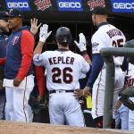 
              Minnesota Twins' Max Kepler, left, celebrates with his teammates after hitting a home run against Detroit Tigers pitcher Michael Pineda during the second inning of a baseball game, Wednesday, April 27, 2022, in Minneapolis. (AP Photo/Craig Lassig)
            