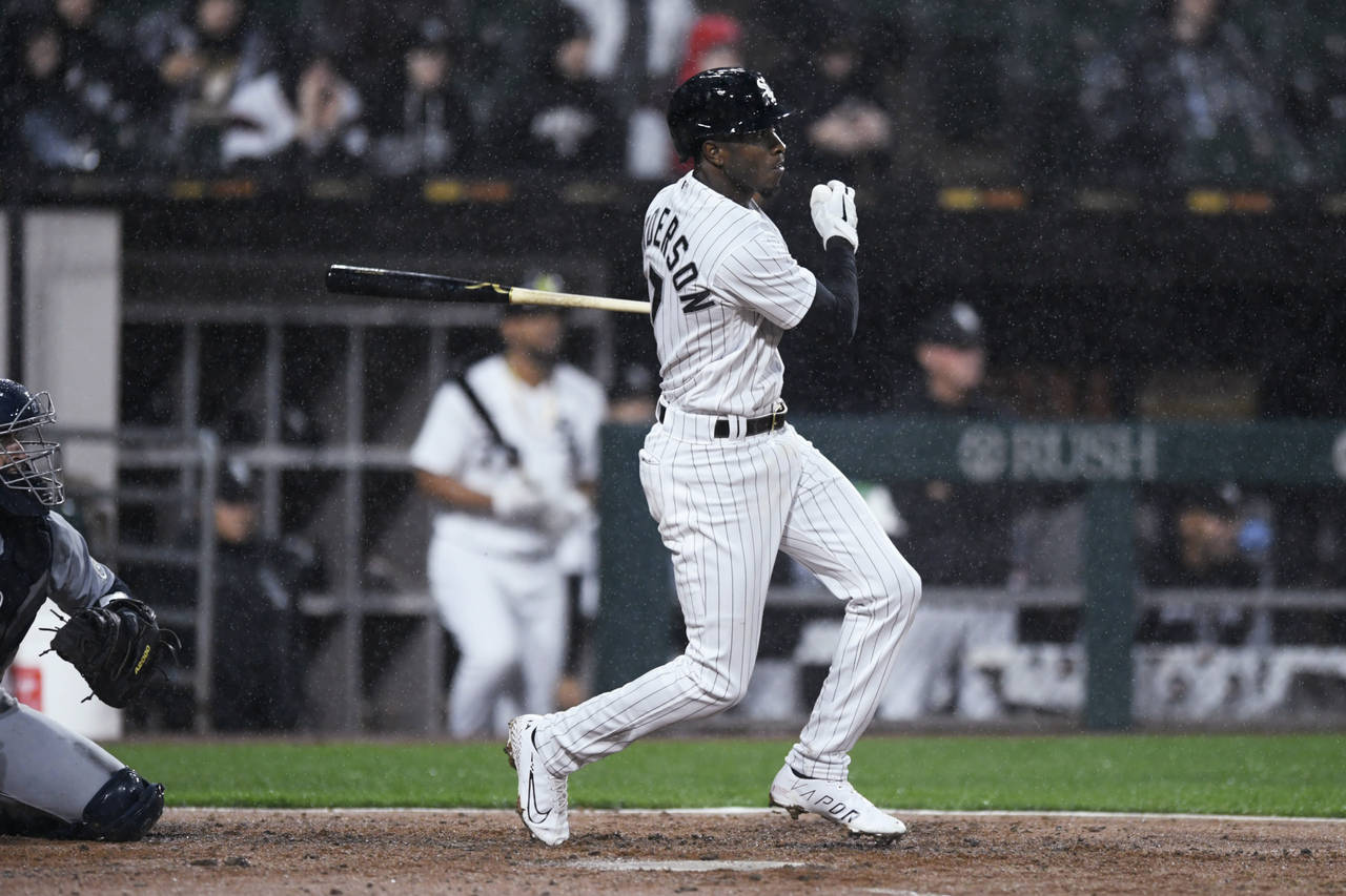 RETRANSMISSION TO CORRECT TO A TWO-RUN DOUBLE - Chicago White Sox's Tim Anderson watches his two-ru...