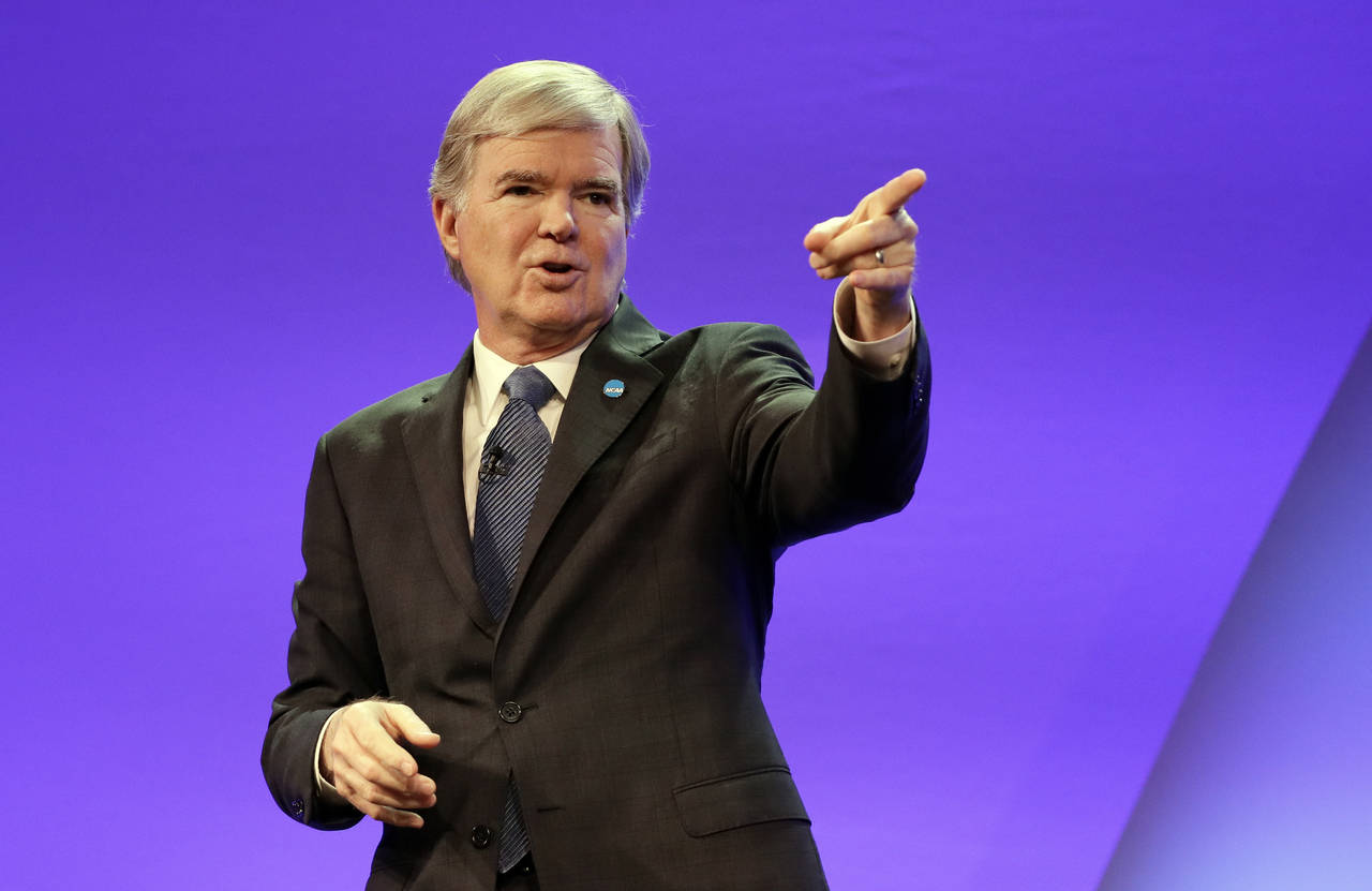 FILE - NCAA President Mark Emmert speaks at the opening business session of the NCAA convention Jan...
