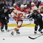 
              Calgary Flames left wing Milan Lucic (17) vies for the puck against San Jose Sharks defenseman Erik Karlsson (65) during the second period of an NHL hockey game in San Jose, Calif., Thursday, April 7, 2022. (AP Photo/Josie Lepe)
            