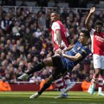 
              Manchester United's Cristiano Ronaldo shoots but is ruled offside during an English Premier League soccer match between Arsenal and Manchester United at the Emirates stadium in London, Saturday April 23, 2022. (AP Photo/Alastair J. Grant)
            