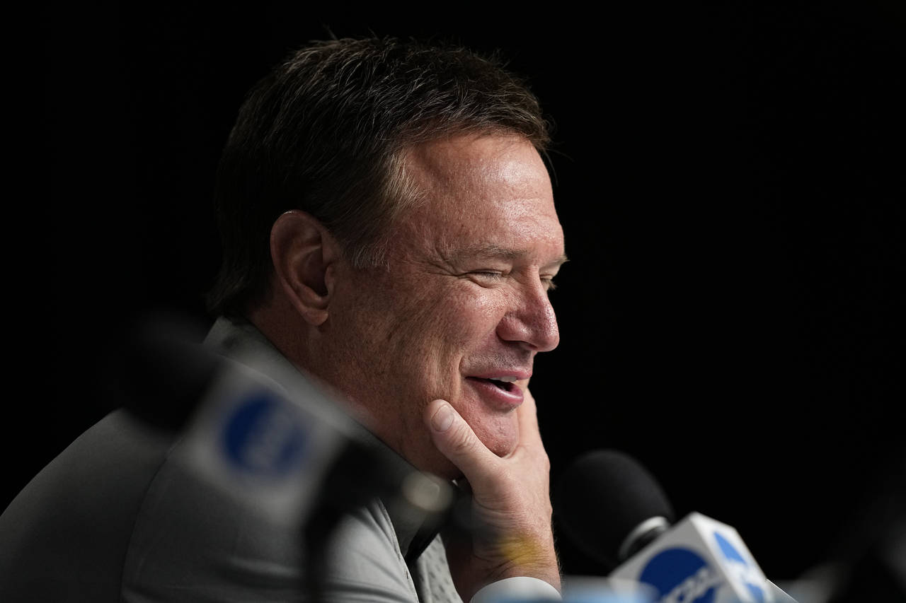 Kansas head coach Bill Self speaks during a news conference about the Men's Final Four NCAA basketb...