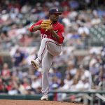 
              Washington Nationals starting pitcher Josiah Gray (40) works during the first inning of a baseball game against the Atlanta Braves, Wednesday, April 13, 2022, in Atlanta. (AP Photo/Brynn Anderson)
            