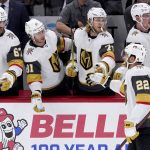 
              Vegas Golden Knights center Michael Amadio (22) celebrates with teammates after scoring a goal against the Chicago Blackhawks during the first period of an NHL hockey game in Chicago, Wednesday, April 27, 2022. (AP Photo/Nam Y. Huh)
            