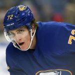 
              Buffalo Sabres right wing Tage Thompson (72) looks on during the second period of an NHL hockey game against the New York Islanders on Saturday, April 23, 2022, in Buffalo, N.Y. (AP Photo/Joshua Bessex)
            
